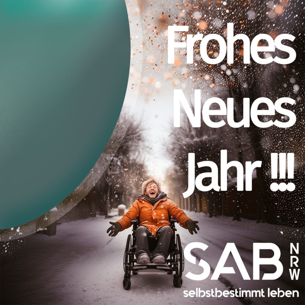 Junger Mann fährt im Rollstuhl über eine Straße und freut sich über das neue Jahr. Die Straße ist mit Schnee bedeckt. Konfetti Sparkles fliegen umher. 